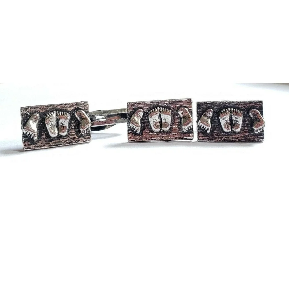 Silver Tone Footprint Cufflinks Tie Clip Baby Feet Toes Bar Clasp Twins Vintage